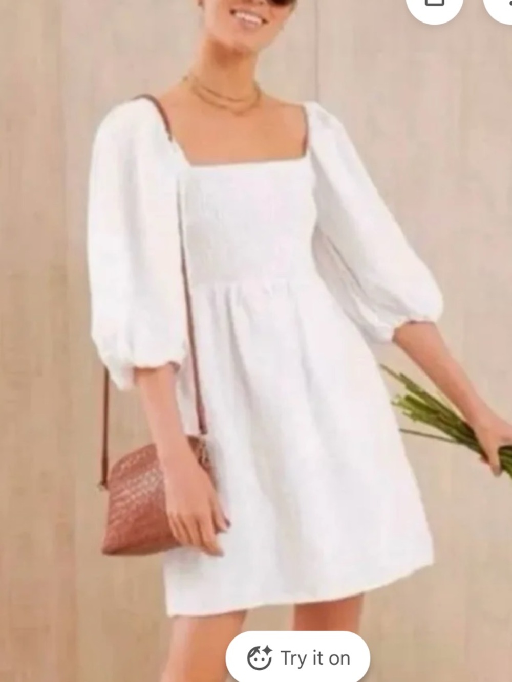 TUCKERNUCK Annie Smocked Balloon Sleeve Linen White Short Mini Dress SIZE Small